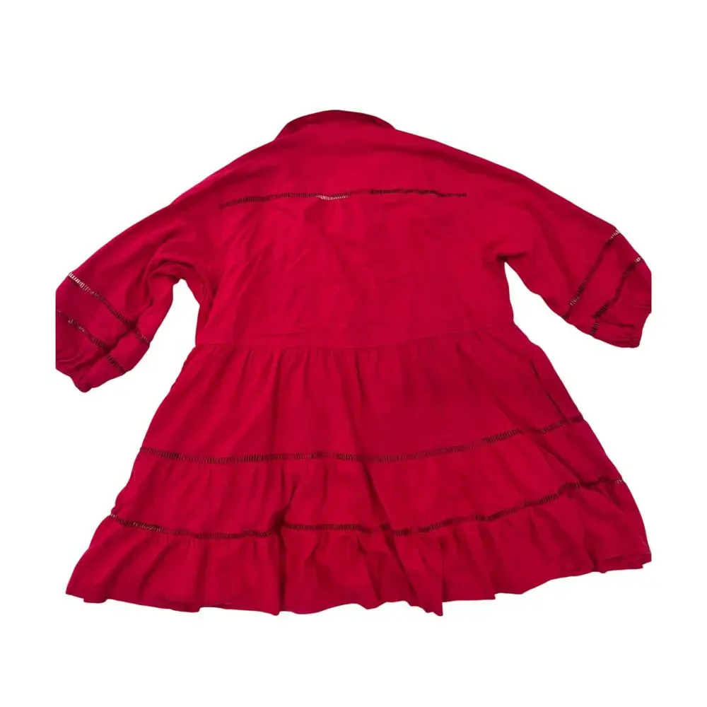 Anthropologie Maeve Bettina Tiered Mini Shirt Dress Linen 1X Hot Pink Raspberry - Picture 4 of 16